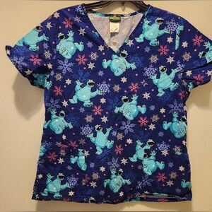 Cookie Monster Sesame Street Scrub Top Womens Large Blue Snowflakes Short Sleeve
